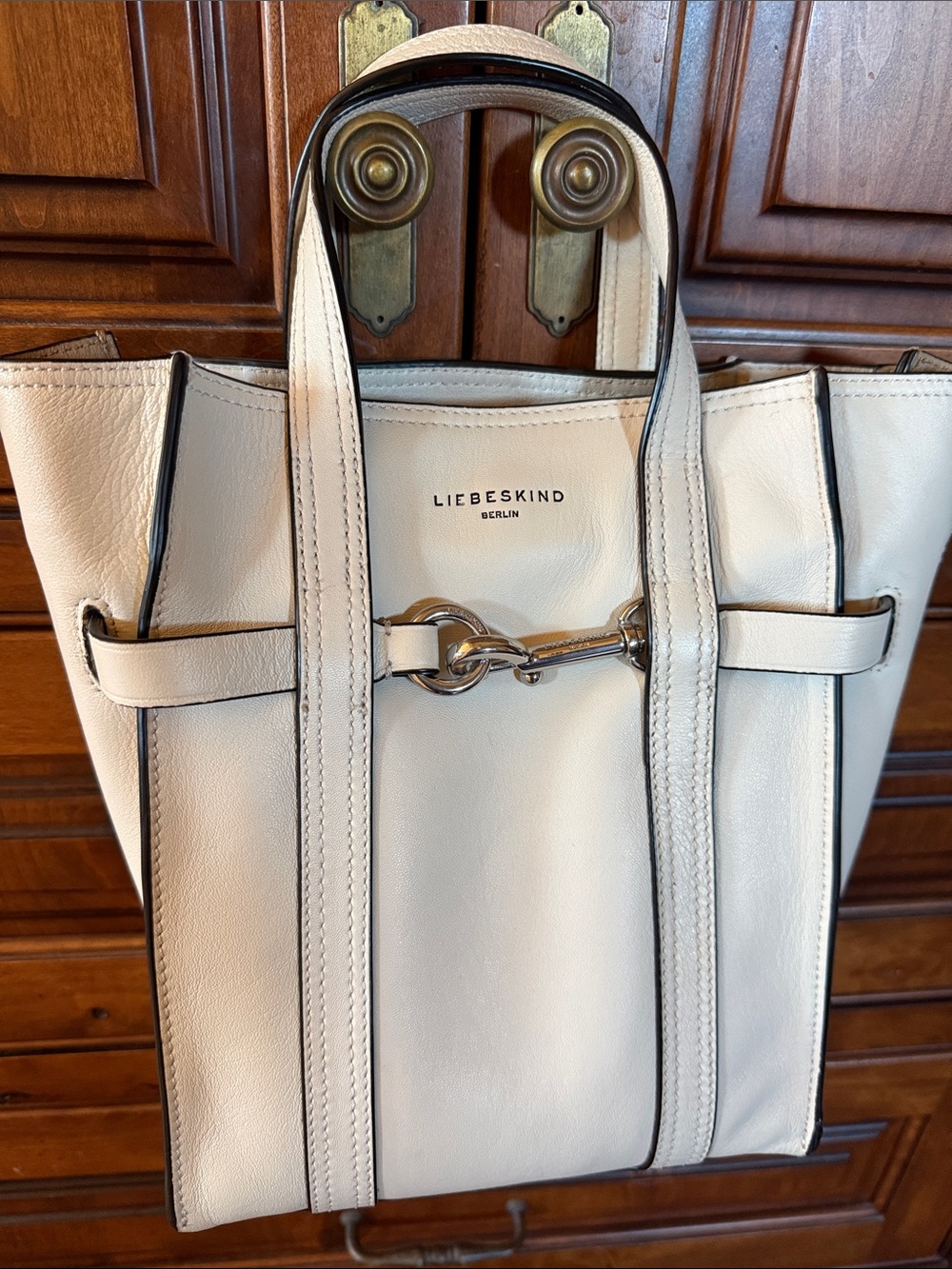 Liebeskind Ivory Pebbled Leather Tote with Silver Hardware